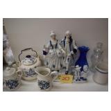 Blue and white dishes, figurines