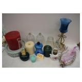 Oil lamps, lamp parts, candles and shades