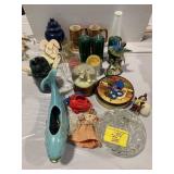 MID CENTURY FISH PLATER, BIRD FIGURINES, CANDLES,