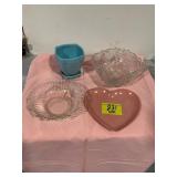 BLUE POTTERY PLANTER, GLASS SERVING BOWLS,