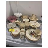 PARTIAL SET OF FLORAL CHINA, MILK GLASS COMPOTE,