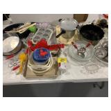 BAKING PANS, KITCHEN UTENCILS, PRESSED GLASS,