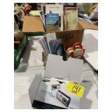 BOX OF MAPS, PIN MONEY BANK, MAGNIFYING GLASS,