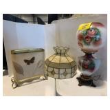 HAND PAINTED ANTIQUE LAMP, BUTTERFLY THEMED LAMP,