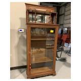 73" TALL ANTIQUE WOODEN CURIO CABINET W/ MIRROR