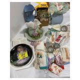 VINTAGE SOFT GOODS, HANKERCHIEFS, BLUE POTTERY