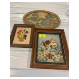 2 FRAMED NEEDLEPOINT PICTURES, FRAMED BARK CLOTH