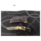 Damascus Blade Folding Knife with Antler Handle &