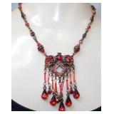 (236) 16" BRASS TONE RED RHINESTONE NECKLACE