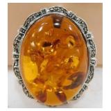 (29) VINTAGE STERLING PENDANT/PIN - AMBER CABOCHON