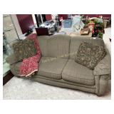 Fabric Couch W/ Decorative Pillows & A Throw
