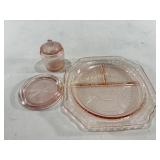 (3) Pink Depression Glass Dishes: Jar & More