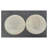 Two 2013 Canadian one troy ounce silver rounds