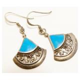 1" Sterling Silver & Turquoise Fan Earrings 4.6g