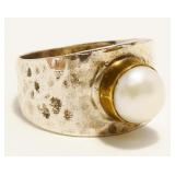 Hammered Sterling Silver & Pearl Ring Sz 10 7g