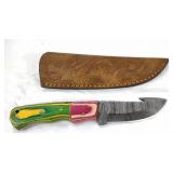 Damascus Gut Hook Knife w/4-Color Handle, Sheath