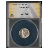 ANACS AU 58 Graded Mercury Dime 1943D