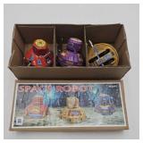 3 Tin Litho Space Robot Wind-up toys in box