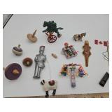 Christmas ornaments, wooden tops, etc