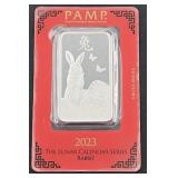 1 Oz. Fine Silver PAMP 2023 Lunar Rabbit Bar