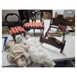 Victorian doll bed, dolls, chairs, & teddy bear