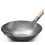 New Craft Wok Flat Hand Hammered Carbon Steel Pow