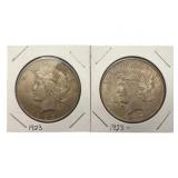 (2) 1923 Peace Silver Dollars