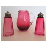 VICT. CRANBERRY GLASS SALT/PEPPER SHAKERS & JUG