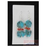 Native Am. Carved Turquoise & Coral Drop Earrings.