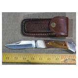 9" Folding Knife W/ Wood Handles & Sheath.