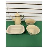 4 Pieces Enamelware With Green Trim