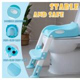 Potty Training Toilet Chair Seat with Step Stool Ladder with Safe Handles & Anti-Slip Pads, Blue-GRAY