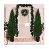 3.5ft Artificial Cedar Topiary Tree Potted Plants with UV Resistant Leaves for Home and Office Decoration - 2 Piece Set RETAILS $140!!