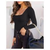 REORIA Womens Sexy Square Neck Double Lined Seamless Fitted Shirts Stretchy Long Sleeve Bodysuit Tops Black Medium