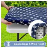 misaya Rectangle Vinyl Table Cloth, Elastic Fitted Flannel Backed Tablecloth, 100% Waterproof Plastic Table Cover Fits 8 Foot Folding Tables for Picnic, Camping, Outdoor (Navy, 30" x 96")