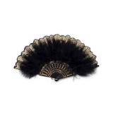 Happy Feather Embroidered Flower Marabou Feather Fan, 1920s Vintage Style Flapper Hand Fan for Costume Party Dancing-Black