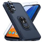 Samsung Galaxy A54 5G Case with 1 Pcs Screen Protector+1 Pcs Camera Lens Cover,Heavy Duty Shockproof Full Body Protective Phone Cover Built in Finger Ring Stable Holder Kickstand,2023 Navy Blue