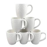 Schliersee 12 OZ White Ceramic Coffee Mugs set of 6, Stylish Embossed Coffee Cups Set for Coffee, Tea, Milk, Cocoa, Cereal