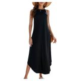 Halife Women Summer Casual Maxi Dresses for Petites Halter Beach Dress Long Slit Sundress Black L