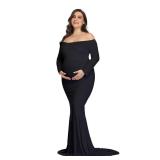 YnimioAOX Maternity Long Dress Ruffles Elegant Maxi Photography Dress Stretchy Slim Gowns for Photoshoot,Medium,B-Black