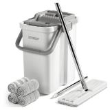 JOYMOOP Mop and Bucket with Wringer Set, Flat Squeeze Mop Flat Head, Dust Mops for Wall Cleaner with Long Handle, Hands-free Microfiber Mops for Floor Cleaning - White
