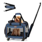 Lekebobor Dog Carrier with Wheels Rolling Pet Carrier Cat Carrier Airline Approved, Wheeled Pet Carrier with Telescopic Walking Handle, Navy