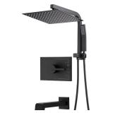 SOOOHOT Black Shower Head and Handle Set, Black Shower Faucet Set with 12 Inch Shower Heads with Handheld Spray Combo and Tub Spout, Shower Systems with Rain Shower and Handheld (Valve Included)