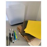 File folders, file hangers, pens and trash can