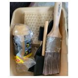Trash can, lint rollers, paint supplies, hot glue gun and more