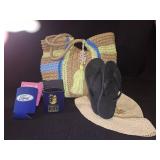 Beach Bag, NEW Sun Hat, Koozies & Size L Flip Flops