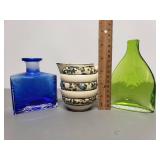 Blue and Green Glass Vessels and Japan Ceramic wirh Needlepoint Pattern