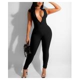 SUZONANA Black Sexy One Piece Outfits for Women High Waist Deep V Neck Zipper Bodycon Rompers Sleeveless Cute Clubwear Jumpsuit M