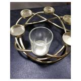 Seraphic Iron Round Table Decor Centerpiece Decorations Candle Holder for Weddings, Outdoor Patio, Kitchen, Dining Room, and Coffee Tables, Glass Votive Tealight Holders, Gold, 6 Clear Cups