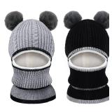 2 Pieces Kids Hood Scarf Kids Knit Hat Winter Thick Earflap Skull Caps for Boy Girls (Black, Grey, Pompom Style)